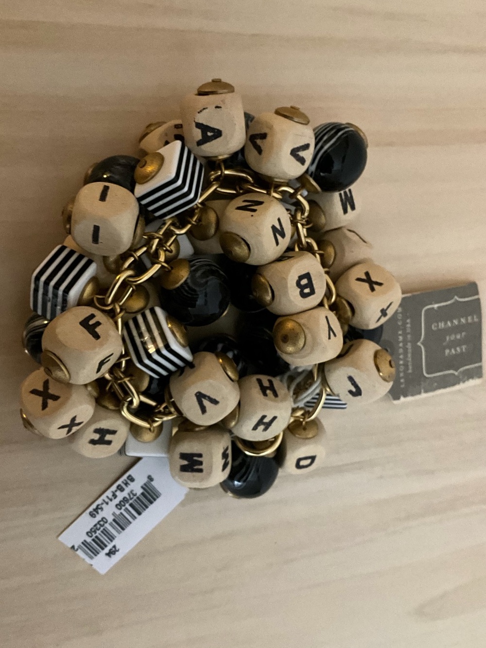 NEW Lenora Dame Black & Natural Beaded Letters Charm Bracelet